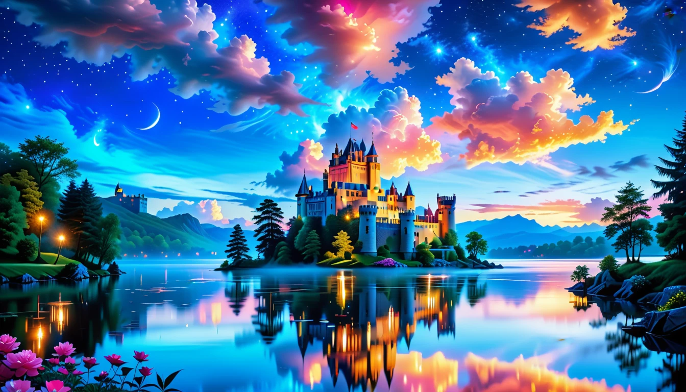 A Masterpiece In 32K Resolution: Supreme Quality, Super Detail, Official Art, Very High-Resolution 32K Wallpaper, Beautiful And Aesthetic, Ultra-Detailed Features, Awe-Inspiring Detail. A Picturesque Scene Of Stunning Castles Illuminated Under A Starry Night Sky, Gracefully Nestled By A Serene Lake. Some Of The Castles Appear To Float On The Water's Surface, Creating A Magical Atmosphere. Wispy Clouds Drift Through The Sky, Adding To The Romance Of The Moment. Majestic Dragons Soar Gracefully Above, While Vibrant Pink Flowers Bloom Along The Lakeshore, Enhancing The Enchanting Beauty Of This Dreamlike Setting.