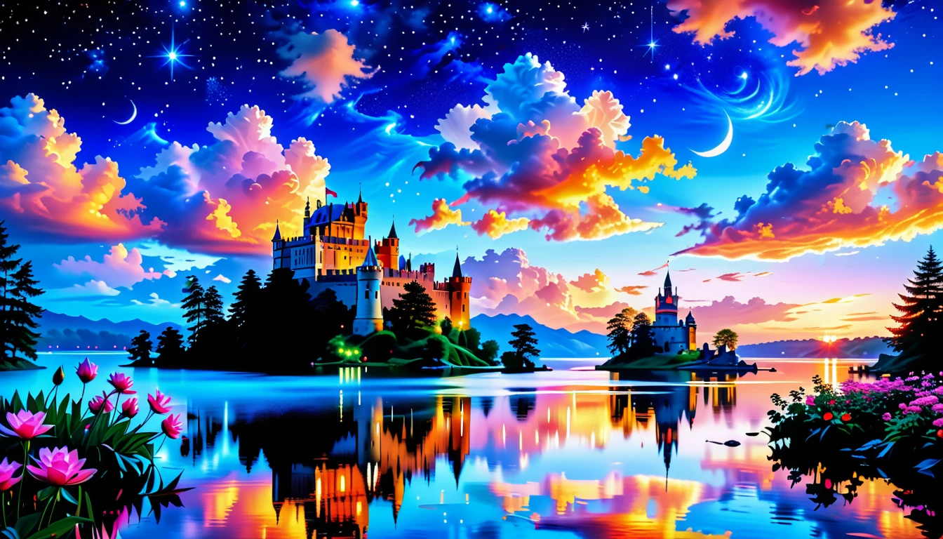 A Masterpiece In 32K Resolution: Supreme Quality, Super Detail, Official Art, Very High-Resolution 32K Wallpaper, Beautiful And Aesthetic, Ultra-Detailed Features, Awe-Inspiring Detail. A Picturesque Scene Of Stunning Castles Illuminated Under A Starry Night Sky, Gracefully Nestled By A Serene Lake. Some Of The Castles Appear To Float On The Water's Surface, Creating A Magical Atmosphere. Wispy Clouds Drift Through The Sky, Adding To The Romance Of The Moment. Majestic Dragons Soar Gracefully Above, While Vibrant Pink Flowers Bloom Along The Lakeshore, Enhancing The Enchanting Beauty Of This Dreamlike Setting.