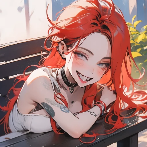 Arafed woman with red hair and piercings sitting on a bench, 4k anime style, [[[[grinning evily]]], anime badass 8 k, evil smile, crazy smile, anime wallpaper 4k, anime wallpaper 4k, anime art wallpaper 4k, anime art wallpaper 4k, detailed digital anime art, grinning lasciviously