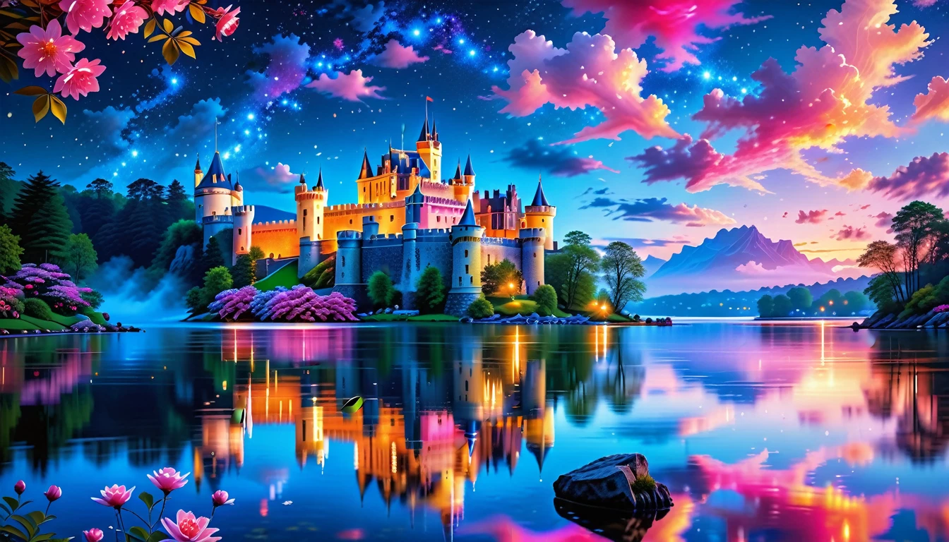 A Masterpiece In 32K Resolution: Supreme Quality, Super Detail, Official Art, Very High-Resolution 32K Wallpaper, Beautiful And Aesthetic, Ultra-Detailed Features, Awe-Inspiring Detail. A Picturesque Scene Of Stunning Castles Illuminated Under A Starry Night Sky, Gracefully Nestled By A Serene Lake. Some Of The Castles Appear To Float On The Water's Surface, Creating A Magical Atmosphere. Wispy Clouds Drift Through The Sky, Adding To The Romance Of The Moment. Majestic Dragons Soar Gracefully Above, While Vibrant Pink Flowers Bloom Along The Lakeshore, Enhancing The Enchanting Beauty Of This Dreamlike Setting.