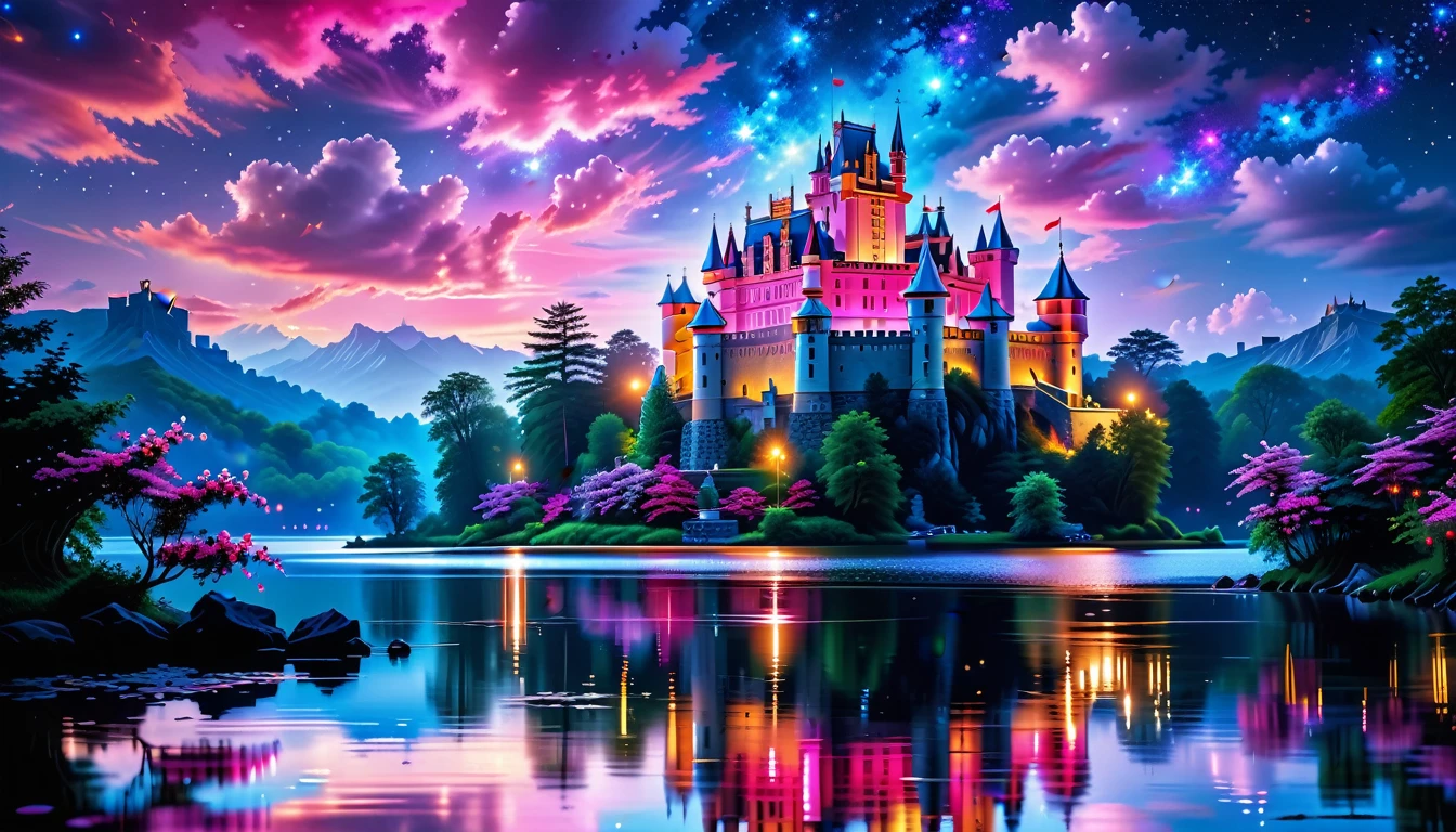 A Masterpiece In 32K Resolution: Supreme Quality, Super Detail, Official Art, Very High-Resolution 32K Wallpaper, Beautiful And Aesthetic, Ultra-Detailed Features, Awe-Inspiring Detail. A Picturesque Scene Of Stunning Castles Illuminated Under A Starry Night Sky, Gracefully Nestled By A Serene Lake. Some Of The Castles Appear To Float On The Water's Surface, Creating A Magical Atmosphere. Wispy Clouds Drift Through The Sky, Adding To The Romance Of The Moment. Majestic Dragons Soar Gracefully Above, While Vibrant Pink Flowers Bloom Along The Lakeshore, Enhancing The Enchanting Beauty Of This Dreamlike Setting.