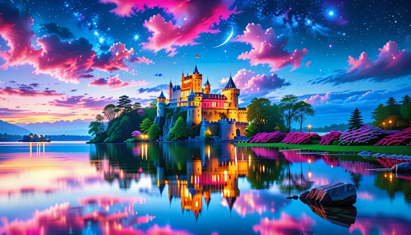 A Masterpiece In 32K Resolution: Supreme Quality, Super Detail, Official Art, Very High-Resolution 32K Wallpaper, Beautiful And Aesthetic, Ultra-Detailed Features, Awe-Inspiring Detail. A Picturesque Scene Of Stunning Castles Illuminated Under A Starry Night Sky, Gracefully Nestled By A Serene Lake. Some Of The Castles Appear To Float On The Water's Surface, Creating A Magical Atmosphere. Wispy Clouds Drift Through The Sky, Adding To The Romance Of The Moment. Majestic Dragons Soar Gracefully Above, While Vibrant Pink Flowers Bloom Along The Lakeshore, Enhancing The Enchanting Beauty Of This Dreamlike Setting.