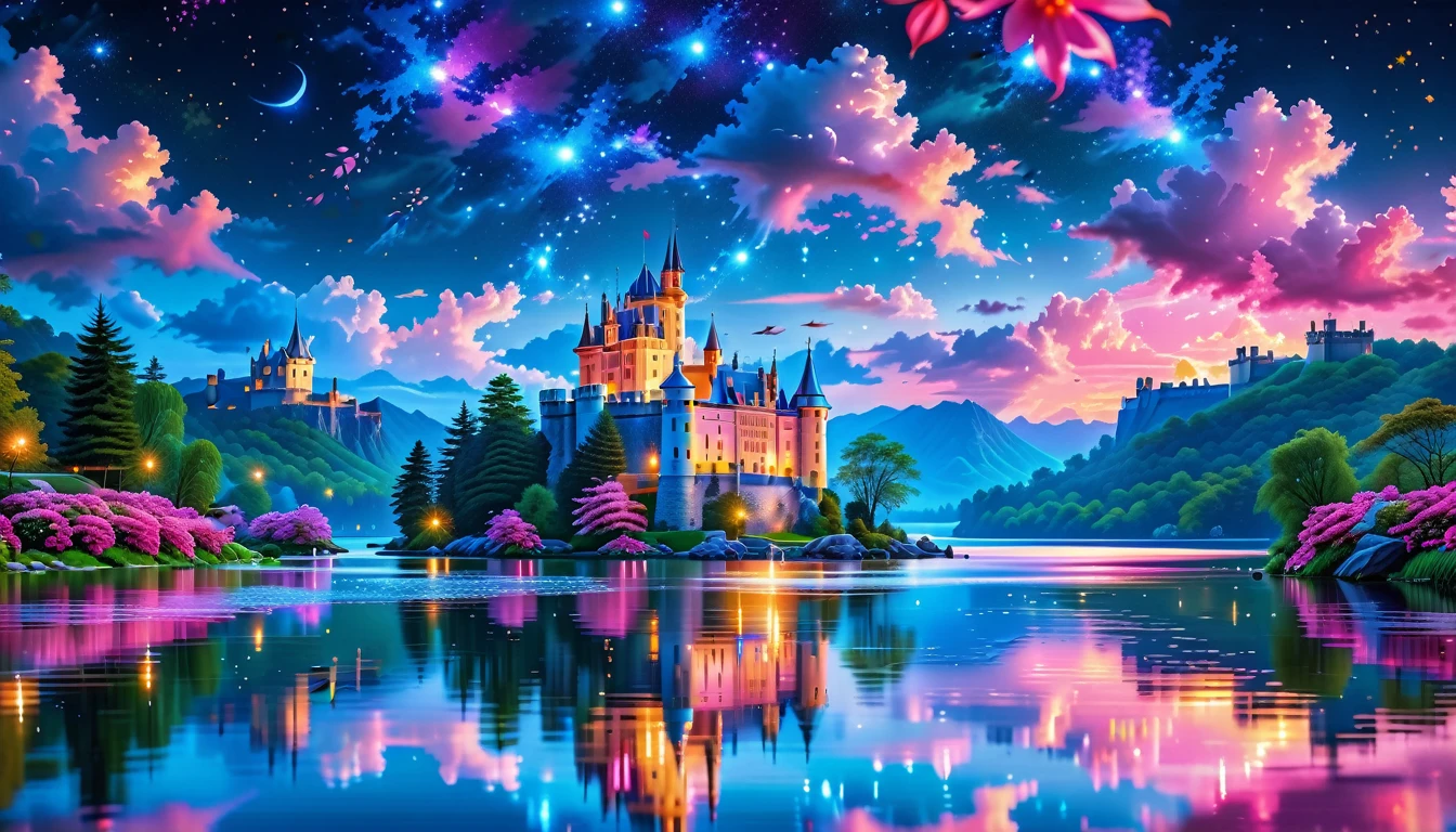 A Masterpiece In 32K Resolution: Supreme Quality, Super Detail, Official Art, Very High-Resolution 32K Wallpaper, Beautiful And Aesthetic, Ultra-Detailed Features, Awe-Inspiring Detail. A Picturesque Scene Of Stunning Castles Illuminated Under A Starry Night Sky, Gracefully Nestled By A Serene Lake. Some Of The Castles Appear To Float On The Water's Surface, Creating A Magical Atmosphere. Wispy Clouds Drift Through The Sky, Adding To The Romance Of The Moment. Majestic Dragons Soar Gracefully Above, While Vibrant Pink Flowers Bloom Along The Lakeshore, Enhancing The Enchanting Beauty Of This Dreamlike Setting.