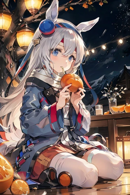 Relaxing in a kotatsu while eating mandarin oranges 🍊There's a pure white horse next to me I'm friends with the pure white horse I'm riding the pure white horse It's a cold winter night 🏔️powder snow swirling ⛄️winter night,saigyou_ayakashi,bare_tree