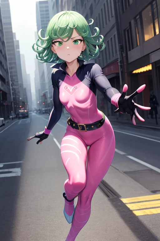 Masterpiece, best quality, ultra detailed, illustration, lighting epic, cinematic composition, 1 girl, Tatsumaki, short hair, green hair, very small breasts, green eyes, bright eyes, blushing, closed mouth, piercing gaze, full body, black collar, tall, slim, athletic, circles on her wrists, pink details, black fingerless gloves, pink wristbands, nanotech speedster suit that resembles light armor, pink chest with an emblem, pink chest, black suit with pink lines, pink speed emblem on her chest, pink emblem, blue pants, gray knee pads, metallic pink boots, white superhero belt, running through the city, pink light trail, laser, city background, anime