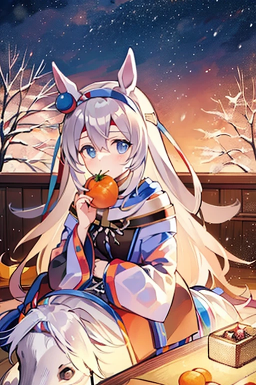 Relaxing in a kotatsu while eating mandarin oranges 🍊There's a pure white horse next to me I'm friends with the pure white horse I'm riding the pure white horse It's a cold winter night 🏔️powder snow swirling ⛄️winter night,saigyou_ayakashi,bare_tree