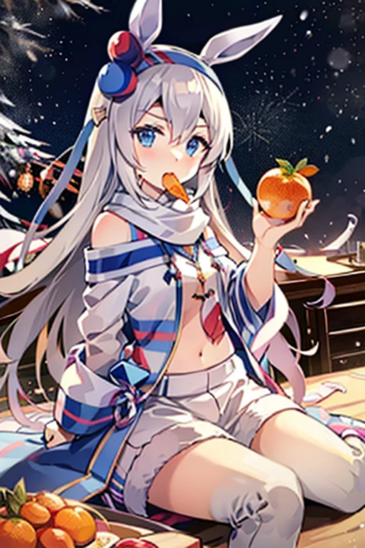 Relaxing in a kotatsu while eating mandarin oranges 🍊There's a pure white horse next to me I'm friends with the pure white horse I'm riding the pure white horse It's a cold winter night 🏔️powder snow swirling ⛄️winter night,saigyou_ayakashi,bare_tree