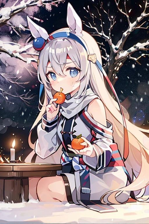 Relaxing in a kotatsu while eating mandarin oranges 🍊There's a pure white horse next to me I'm friends with the pure white horse I'm riding the pure white horse It's a cold winter night 🏔️powder snow swirling ⛄️winter night,saigyou_ayakashi,bare_tree