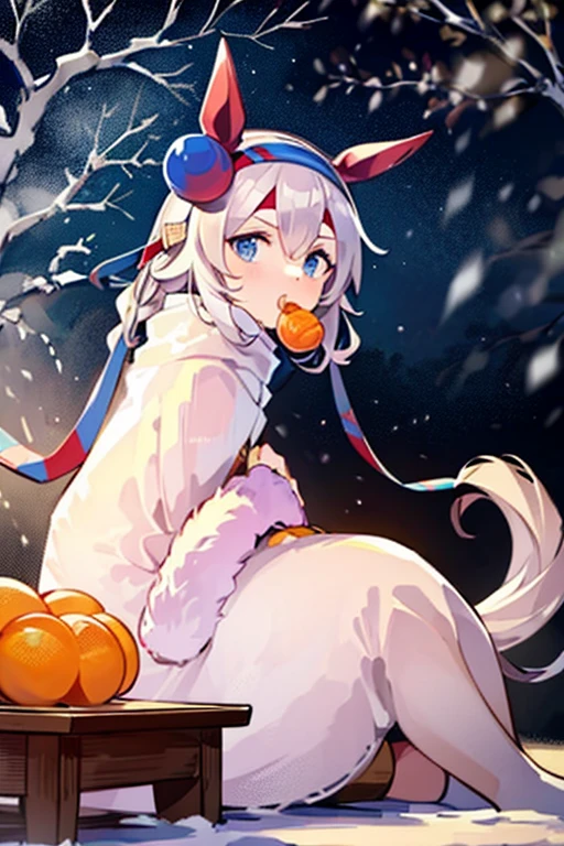 Relaxing in a kotatsu while eating mandarin oranges 🍊There's a pure white horse next to me I'm friends with the pure white horse I'm riding the pure white horse It's a cold winter night 🏔️powder snow swirling ⛄️winter night,saigyou_ayakashi,bare_tree