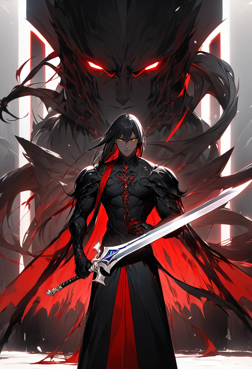 The fictional Titan is known as Kaelin, the Black Swordsman. He is tall, muscular, and has skin as dark as night. His eyes are a bright, glowing red, and his hair is ebony black and long and braided. Kaelin carries two special swords: the first, called "Night Whisper", is a black sword with a razor-sharp blade that can cut through anything. The second sword, called "Dawn's Light", is a silver sword with a blade that shines with an almost divine glow. The sword is capable of healing any wound and can create a protective barrier that repels any attack, 8k high definition