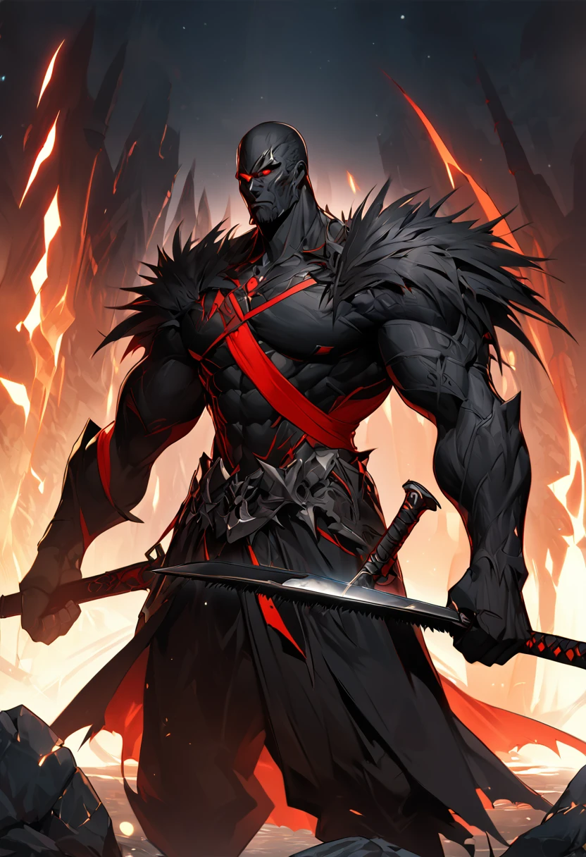 The fictional Titan is known as Kaelin, the Black Swordsman. He is tall, muscular, and has skin as dark as night. His eyes are a bright, glowing red, and his hair is ebony black and long and braided. Kaelin carries two special swords: the first, called "Night Whisper", is a black sword with a razor-sharp blade that can cut through anything. The second sword, called "Dawn's Light", is a silver sword with a blade that shines with an almost divine glow. The sword is capable of healing any wound and can create a protective barrier that repels any attack, 8k high definition