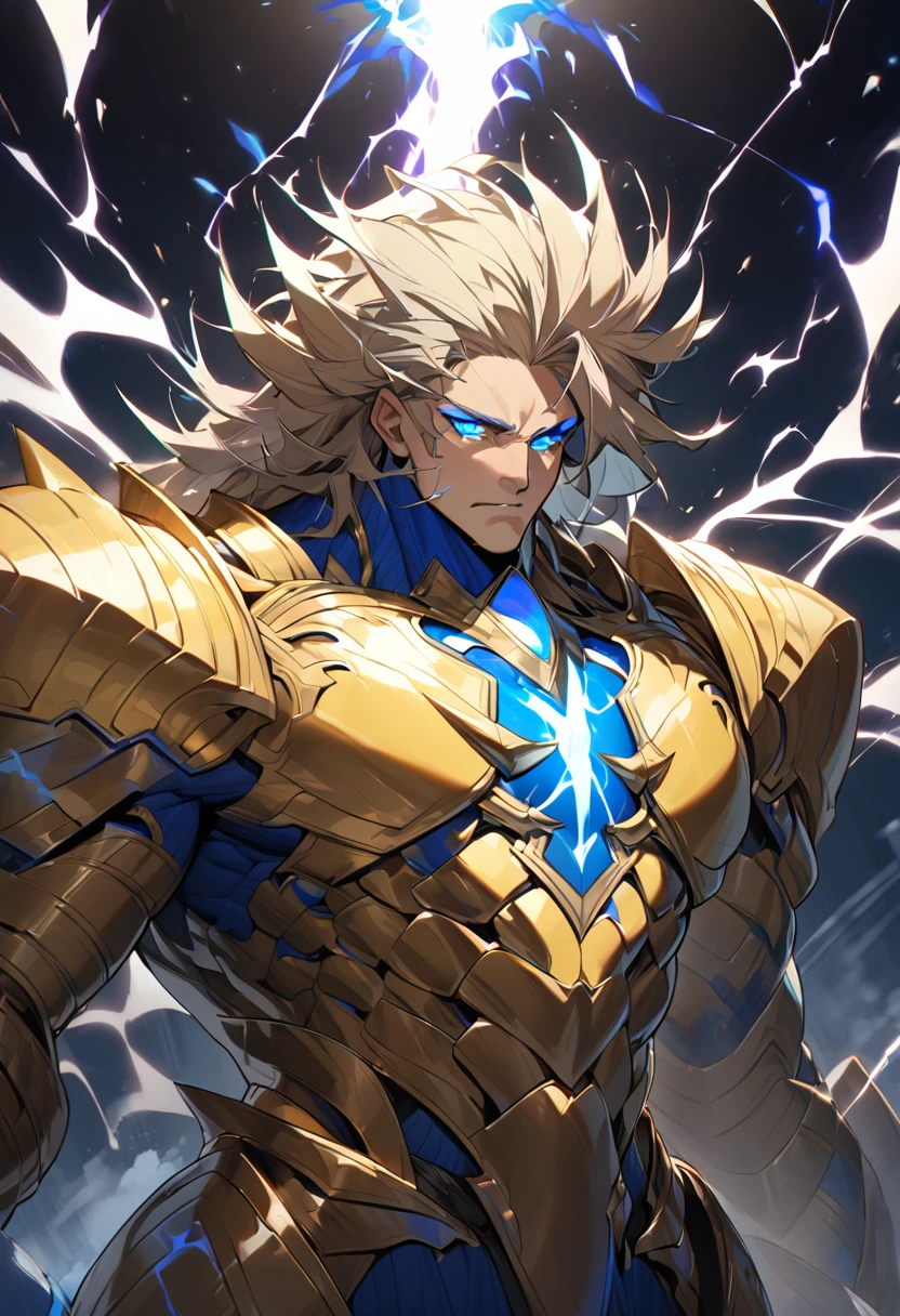 Appearance: Kainoa is a titan about 3 meters tall, with a very intimidating appearance. His body is covered in golden armor, with electric blue details. His eyes are white and glow when he uses his electric powers. His hair is black and spikes upwards, as if he is always carrying static electricity, high definition 8k