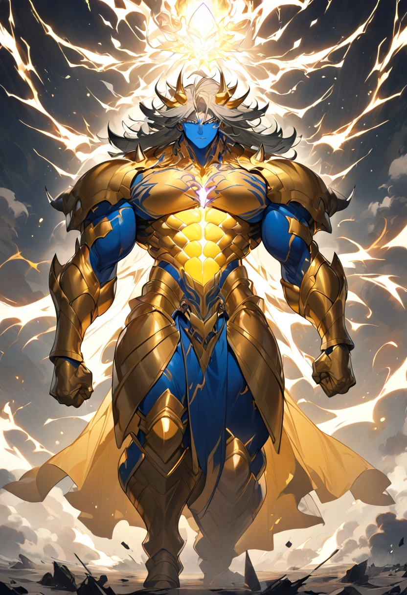 Appearance: Kainoa is a titan about 3 meters tall, with a very intimidating appearance. His body is covered in golden armor, with electric blue details. His eyes are white and glow when he uses his electric powers. His hair is black and spikes upwards, as if he is always carrying static electricity, high definition 8k