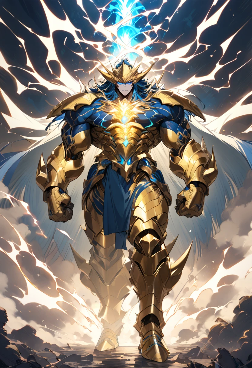 Appearance: Kainoa is a titan about 3 meters tall, with a very intimidating appearance. His body is covered in golden armor, with electric blue details. His eyes are white and glow when he uses his electric powers. His hair is black and spikes upwards, as if he is always carrying static electricity, high definition 8k