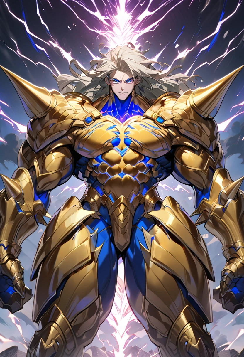 Appearance: Kainoa is a titan about 3 meters tall, with a very intimidating appearance. His body is covered in golden armor, with electric blue details. His eyes are white and glow when he uses his electric powers. His hair is black and spikes upwards, as if he is always carrying static electricity, high definition 8k