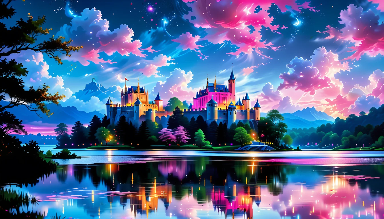 A Masterpiece In 32K Resolution: Supreme Quality, Super Detail, Official Art, Very High-Resolution 32K Wallpaper, Beautiful And Aesthetic, Ultra-Detailed Features, Awe-Inspiring Detail. A Picturesque Scene Of Stunning Castles Illuminated Under A Starry Night Sky, Gracefully Nestled By A Serene Lake. Some Of The Castles Appear To Float On The Water's Surface, Creating A Magical Atmosphere. Wispy Clouds Drift Through The Sky, Adding To The Romance Of The Moment. Majestic Dragons Soar Gracefully Above, While Vibrant Pink Flowers Bloom Along The Lakeshore, Enhancing The Enchanting Beauty Of This Dreamlike Setting.