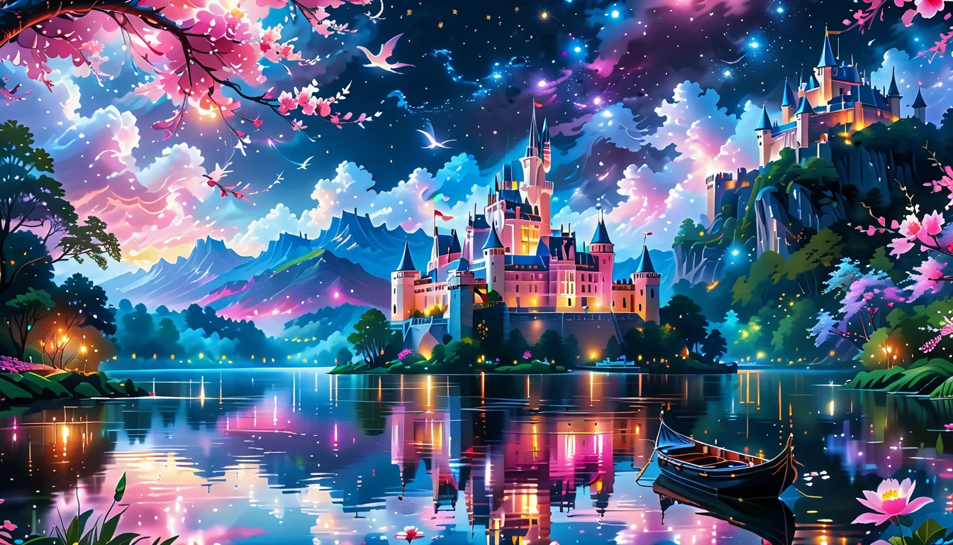 A Masterpiece In 32K Resolution: Supreme Quality, Super Detail, Official Art, Very High-Resolution 32K Wallpaper, Beautiful And Aesthetic, Ultra-Detailed Features, Awe-Inspiring Detail. A Picturesque Scene Of Stunning Castles Illuminated Under A Starry Night Sky, Gracefully Nestled By A Serene Lake. Some Of The Castles Appear To Float On The Water's Surface, Creating A Magical Atmosphere. Wispy Clouds Drift Through The Sky, Adding To The Romance Of The Moment. Majestic Dragons Soar Gracefully Above, While Vibrant Pink Flowers Bloom Along The Lakeshore, Enhancing The Enchanting Beauty Of This Dreamlike Setting.