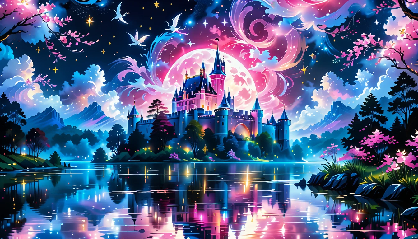 A Masterpiece In 32K Resolution: Supreme Quality, Super Detail, Official Art, Very High-Resolution 32K Wallpaper, Beautiful And Aesthetic, Ultra-Detailed Features, Awe-Inspiring Detail. A Picturesque Scene Of Stunning Castles Illuminated Under A Starry Night Sky, Gracefully Nestled By A Serene Lake. Some Of The Castles Appear To Float On The Water's Surface, Creating A Magical Atmosphere. Wispy Clouds Drift Through The Sky, Adding To The Romance Of The Moment. Majestic Dragons Soar Gracefully Above, While Vibrant Pink Flowers Bloom Along The Lakeshore, Enhancing The Enchanting Beauty Of This Dreamlike Setting.