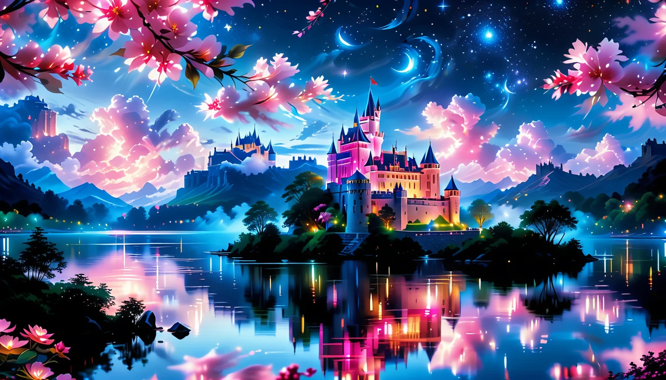 A Masterpiece In 32K Resolution: Supreme Quality, Super Detail, Official Art, Very High-Resolution 32K Wallpaper, Beautiful And Aesthetic, Ultra-Detailed Features, Awe-Inspiring Detail. A Picturesque Scene Of Stunning Castles Illuminated Under A Starry Night Sky, Gracefully Nestled By A Serene Lake. Some Of The Castles Appear To Float On The Water's Surface, Creating A Magical Atmosphere. Wispy Clouds Drift Through The Sky, Adding To The Romance Of The Moment. Majestic Dragons Soar Gracefully Above, While Vibrant Pink Flowers Bloom Along The Lakeshore, Enhancing The Enchanting Beauty Of This Dreamlike Setting.