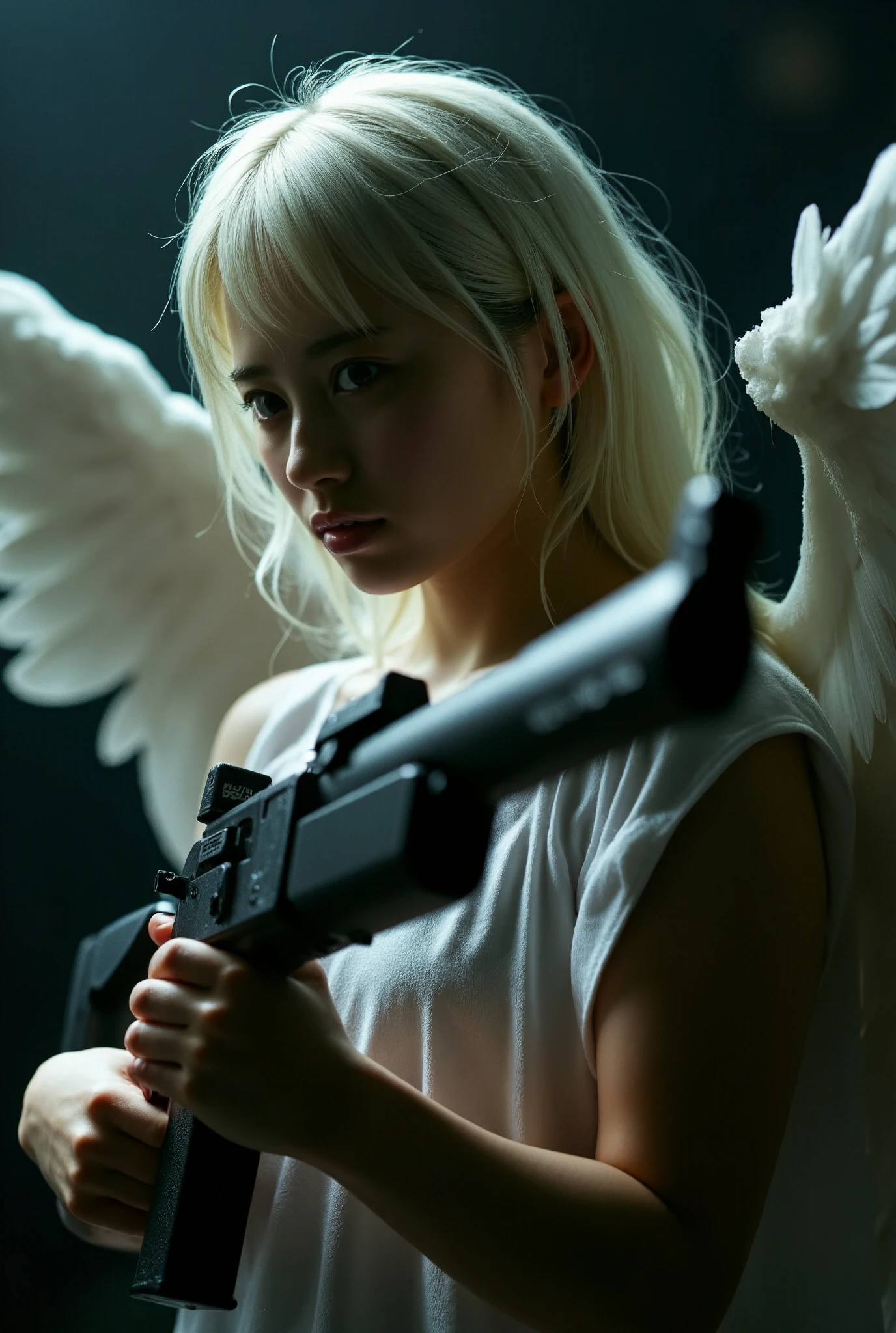 a detailed portrait of an angel holding an AK47 assault rifle, side profile view, hyper realistic, extremely detailed facial features, highly detailed eyes and lips, flawless skin, intricate angel wings, dramatic lighting, moody and intense atmosphere, rich color palette, cinematic composition, photorealistic, masterpiece, 8k