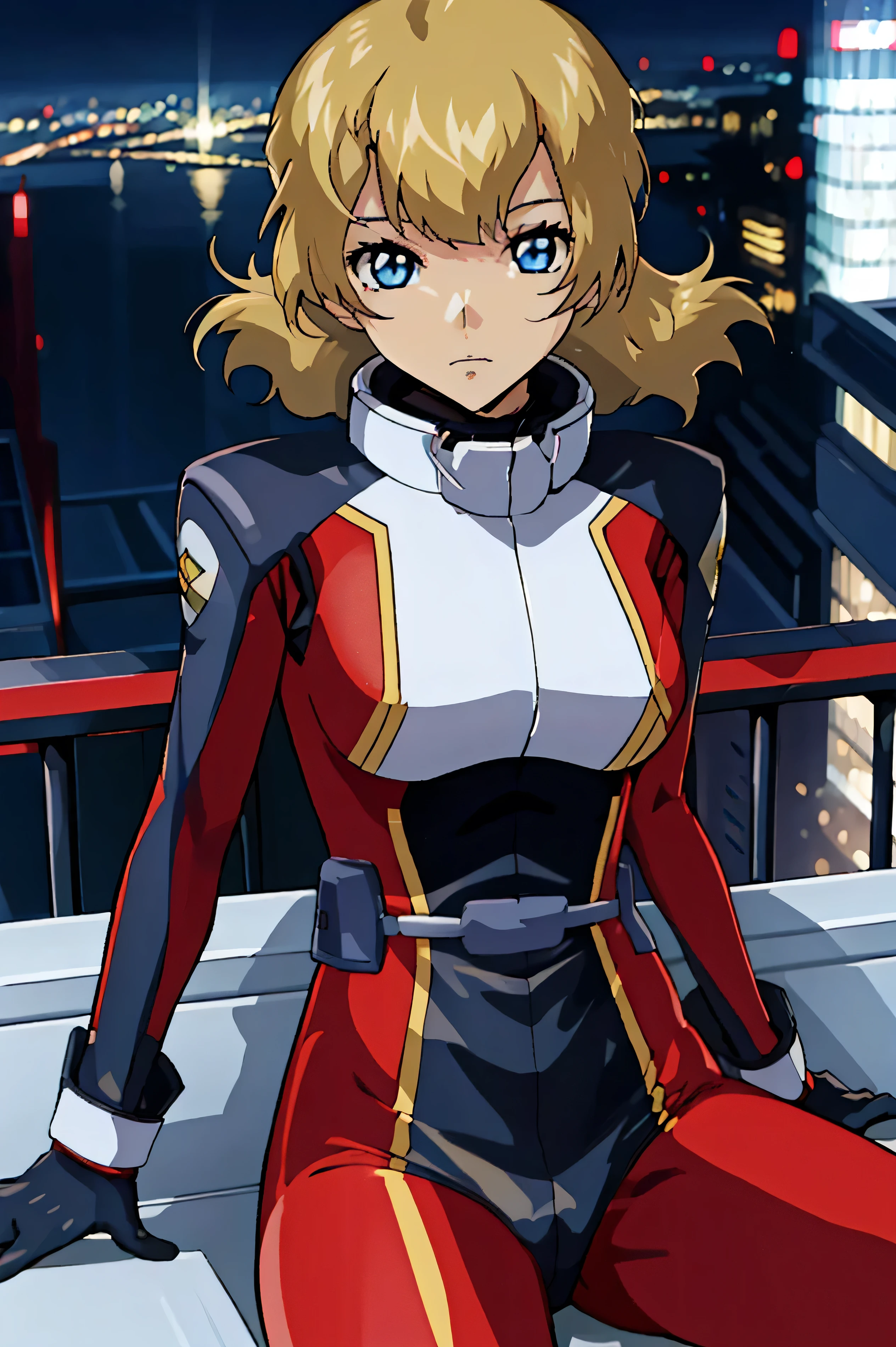 score_9, score_8_up, score_7_up,city view, 1 female,night view, moonlight,asagicaldwell, blue eyes, blonde hair, pilotsuit, red bodysuit,gauntlet,sitting