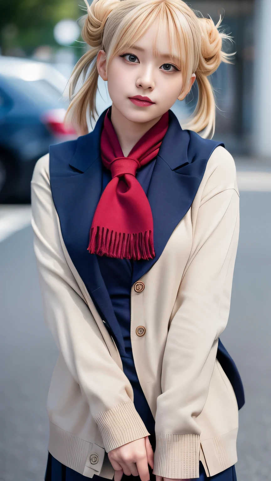 (blonde、Himiko toga、White uniform shirt、Navy blue uniform skirt、cardigan、Red scarf、Dark eyeshadow、Pants、Twin tails、Bunbashira、Thin eyebrows、Black socks、Black Loafers))、nsfw、masterpiece、最High image quality、High image quality、grow up、Beautiful poop、High resolution、超High resolution、RAW Photos、Best illustrations、hyper Realistic、1 girl、Realistic、Super detailed、Photorealistic、So ridiculous、close、Floating Hair、Soft light、Cinema Lighting、Film Grain、Full Body Espian、Written boundary depth、Blurred Background、Bokeh:1.4、Eye focus、85mm lens、Professionally illuminated、Lens Flare、Luminous Particles:0.6、Professional Writing、Portrait:0.6、Photon mapping、Radio City、Physically Based Rendering、Japanese Girls、Sexual arousal:1.5、A vivid face、Realistic body、Realistic Skin、Huge breasts:1.3、Good style、Camel Toe、Pale skin:1.1、cute:1.5