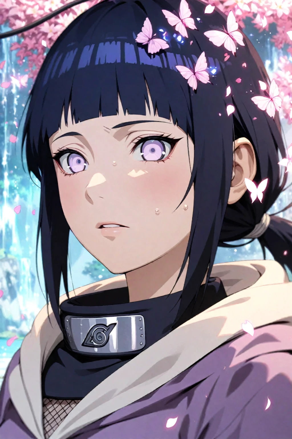 absurdres, highres, ultra detailed, HDR, master piece, best quality, extremely detailed, detailed eyes, detailed face, Hinata Hyuga, black blur hair, expressive light-purple eyes, Naruto Shippuden, solo, woman, beautiful, hooded purple jacket with white sleeves, magical, fantasy, garden, pink butterflies, pink flowers, pink petals, water, magic, powers