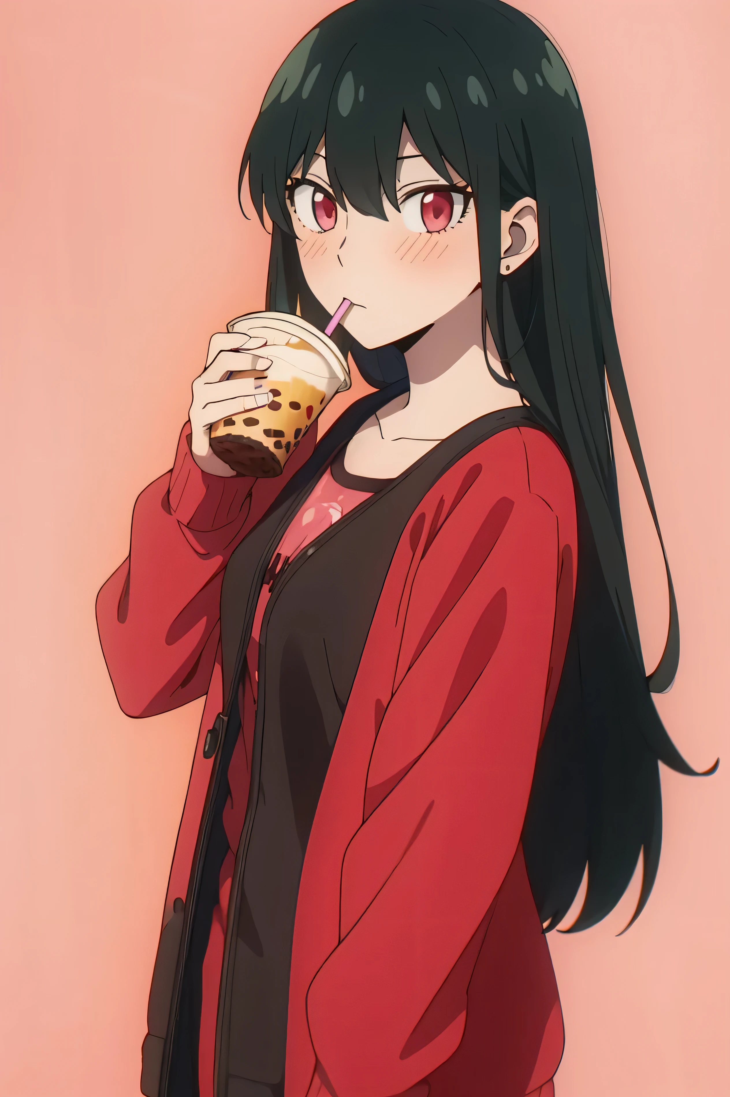 score_9, score_8_up, score_7_up,anime_source, source_anime, best background, detailed background, anime screencap, Yor Forger, Home Outfit, cowboy shot, drinking bubble tea, indoors, blush,