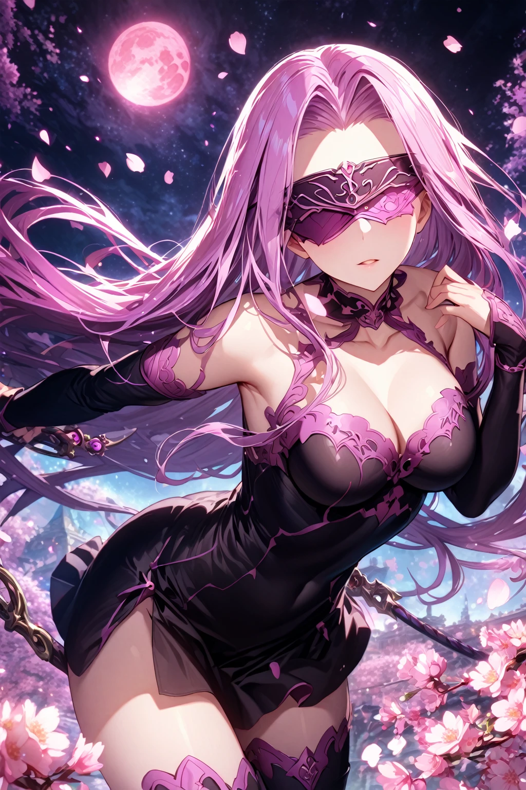 absurdres, highres, ultra detailed, HDR, master piece, detailed face, Medusa, Rider, light purple hair, long hair, purple blindfold, blindfolded eyes, black dress, woman, best quality, Fate Stay Night, solo, fantasy, magical, sensual, glittering, accessories, pink moon, pink magic, starry sky, extremely beautiful, cherry blossoms, petals, black boots