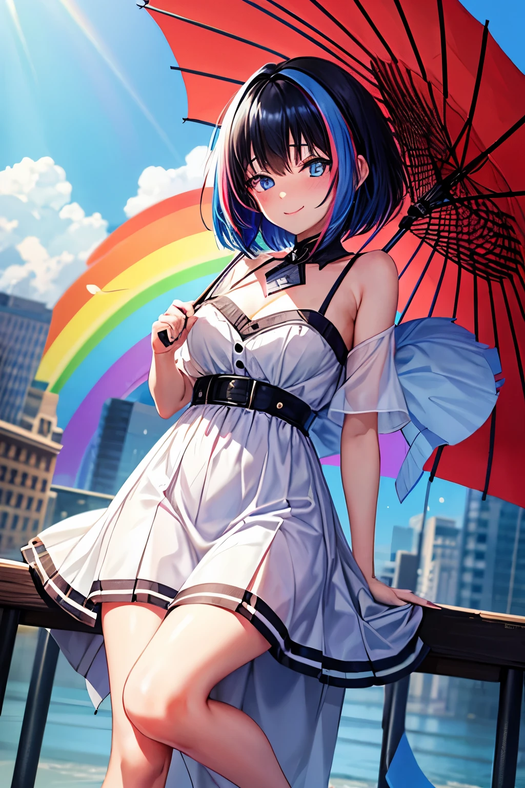 full body, (masterpiece, ultra quality:1.2, 4k, beautiful), (1girl, solo, (umbrella), (sunny ,rainbow), city, (Secret Illustration, (cute, fair skin, (black Hair, inner blue hair:0.4, short medium hair, hairs between eyes) , (Blue streaked hair), smile, blue eyes, blush stickers) , BREAK,(Shine, Sophisticated)))