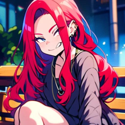 Arafed woman with red hair and piercings sitting on a bench, 4k anime style, [[[[grinning evily]]], anime badass 8 k, evil smile, crazy smile, anime wallpaper 4k, anime wallpaper 4k, anime art wallpaper 4k, anime art wallpaper 4k, detailed digital anime art, grinning lasciviously