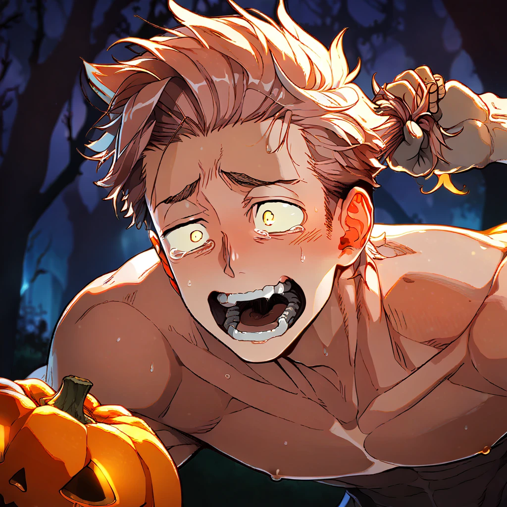 score_9, score_8_up, score_7_up, rating_explicit, source_anime, hot man, horror aesthetic, completely black man, yellow eyes, scared, dark forest, halloween, pulling hair, amazing quality, best aesthetic, game cg, official art, wallpaper, absurdres, high-res, yoisyo