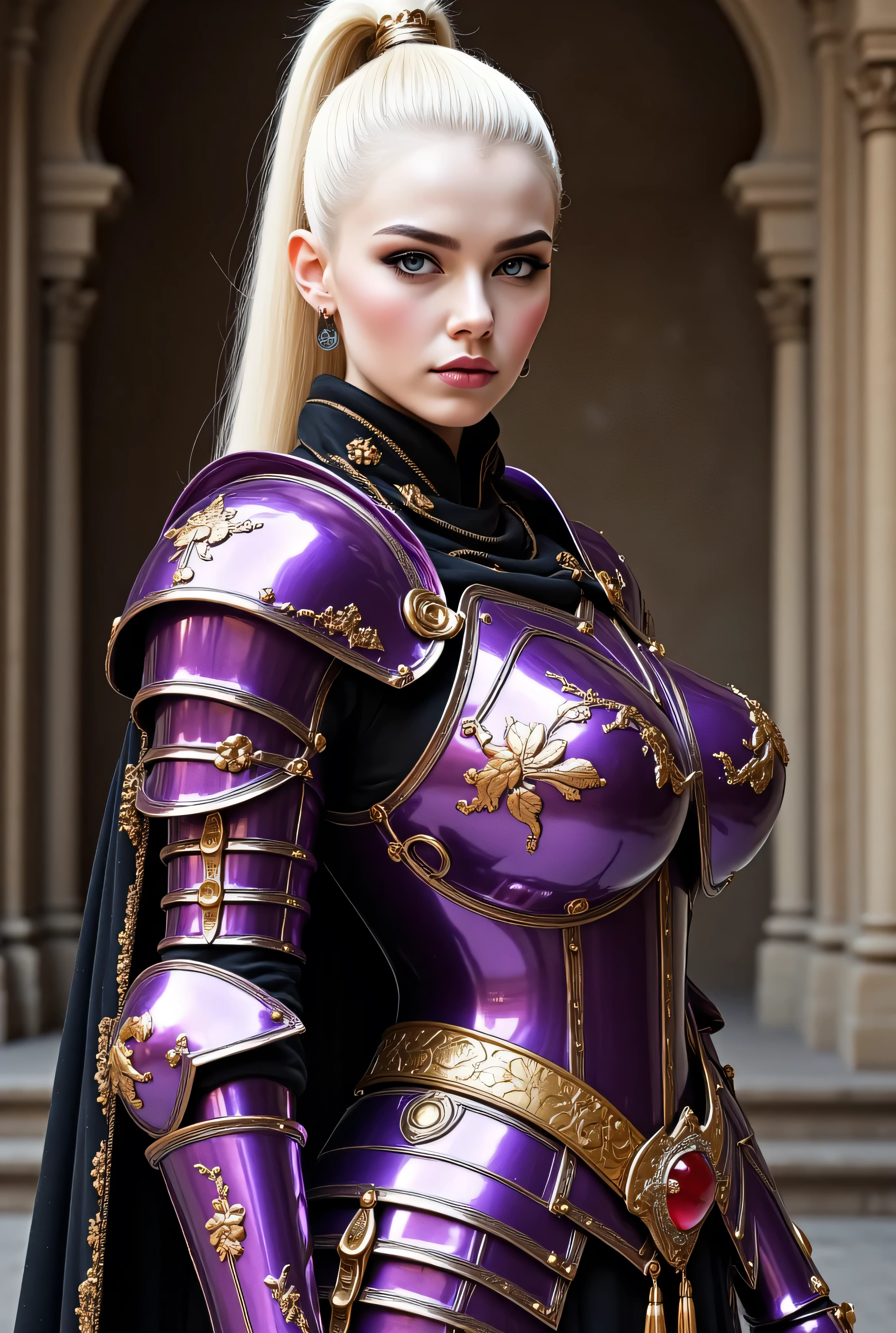 very long bright blonde hair top ponytail updo, pale white albino skin, modest Russian female supermodel, Medieval violet chrome fullplate heavy Armor, gold rivets, engraved etching, blackout eye makeup, maroon lips, bright blue eyes, black gold chinoiserie cape, ruby encrusted belt buckle, turned slightly to the side view, background medieval stone throne room, bokeh
