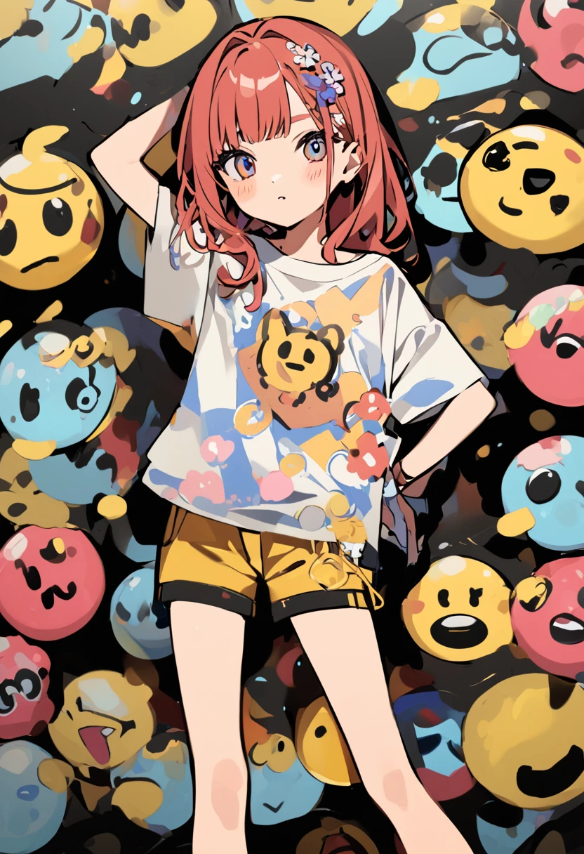 Sadie Sink camiseta oversized e shorts curtos , with cartoon emoji on shirt.