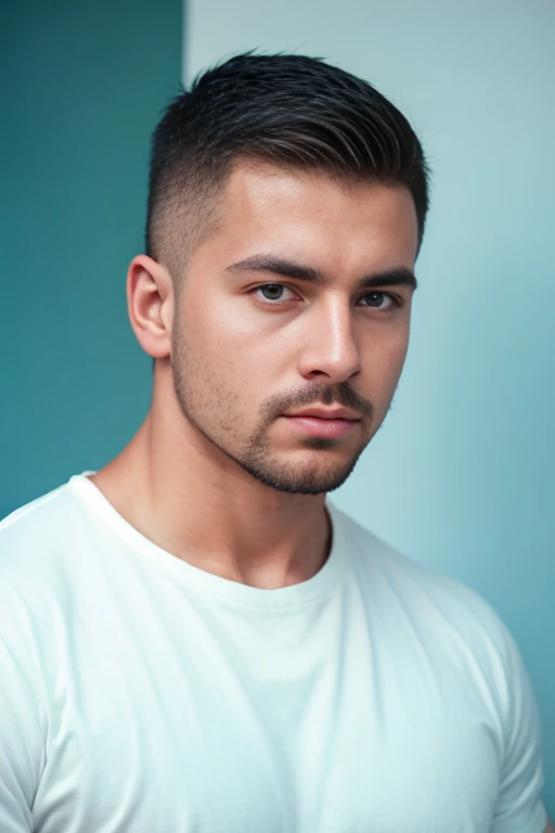 1man, 
a 30 y.o muscular male, small beard, gloomy eyes, blue eyes, undercut haircut, concentrated expression, wearing a shirt, white background,
soft lighting, 
masterpiece, best quality, 8k uhd, dslr, film grain, Fujifilm XT3 photorealistic painting art by midjourney and greg rutkowski