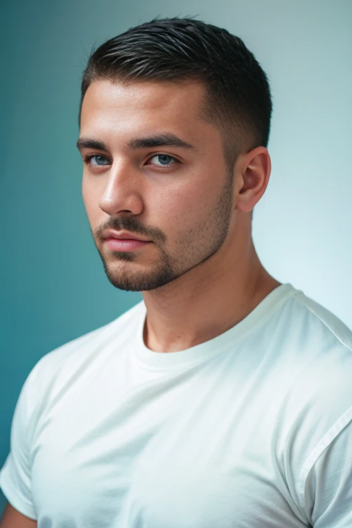 1man, 
a 30 y.o muscular male, small beard, gloomy eyes, blue eyes, undercut haircut, concentrated expression, wearing a shirt, white background,
soft lighting, 
masterpiece, best quality, 8k uhd, dslr, film grain, Fujifilm XT3 photorealistic painting art by midjourney and greg rutkowski