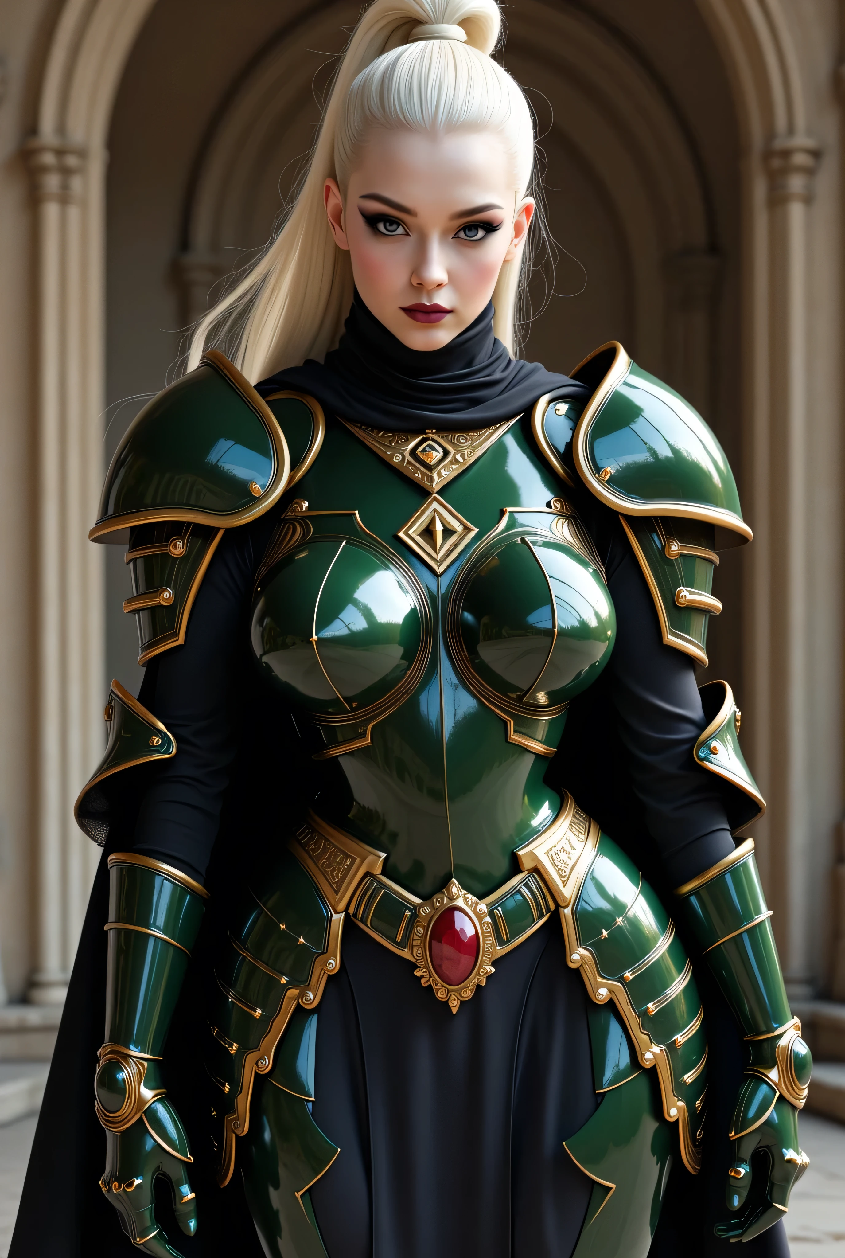 A young female warrior with long green hair, green eyes, and wearing green armor. The scene is photo realistic, 8k quality, masterpiece, High Resolution, High Quality.