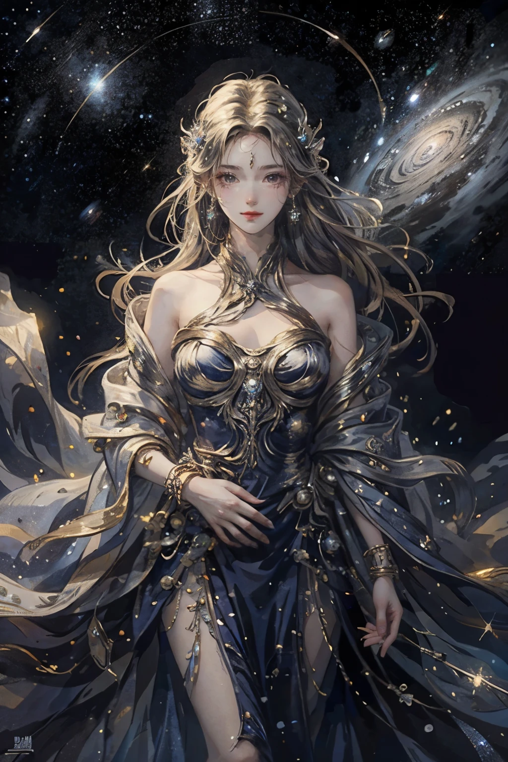  (High resolution、Best Quality, 8k, Official Art)、The Goddess is sailing through space. Her beauty brightens everything around her. The whole galaxy and universe is around her. She is wearing beautiful embroidered cloth., Expressing joy with the whole body while floating, Her hair is beautiful, Shiny silver blonde. Large Breasts, Running through space like a beautiful female marathon runner, Look at me and smile, Starry Sky, milky way, nebula, Painting-style digital art, 