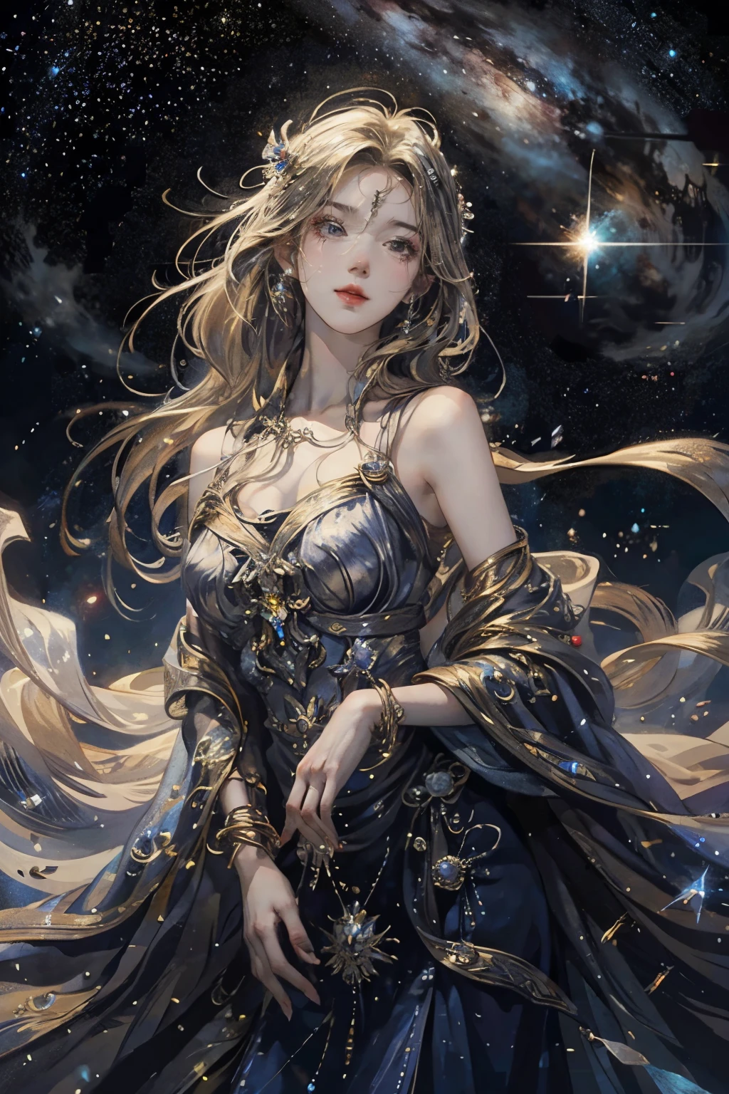  (High resolution、Best Quality, 8k, Official Art)、The Goddess is sailing through space. Her beauty brightens everything around her. The whole galaxy and universe is around her. She is wearing beautiful embroidered cloth., Expressing joy with the whole body while floating, Her hair is beautiful, Shiny silver blonde. Large Breasts, Running through space like a beautiful female marathon runner, Look at me and smile, Starry Sky, milky way, nebula, Painting-style digital art, 