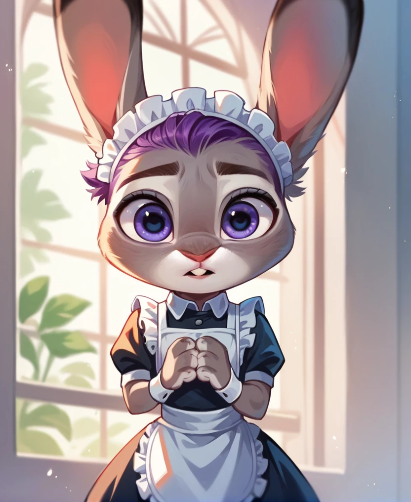 Judy Hopps、Little Rabbit,  Purple Hair, Ginger fir, blue eyes, , child , Bobcut, Maid uniform, The background is the mansion