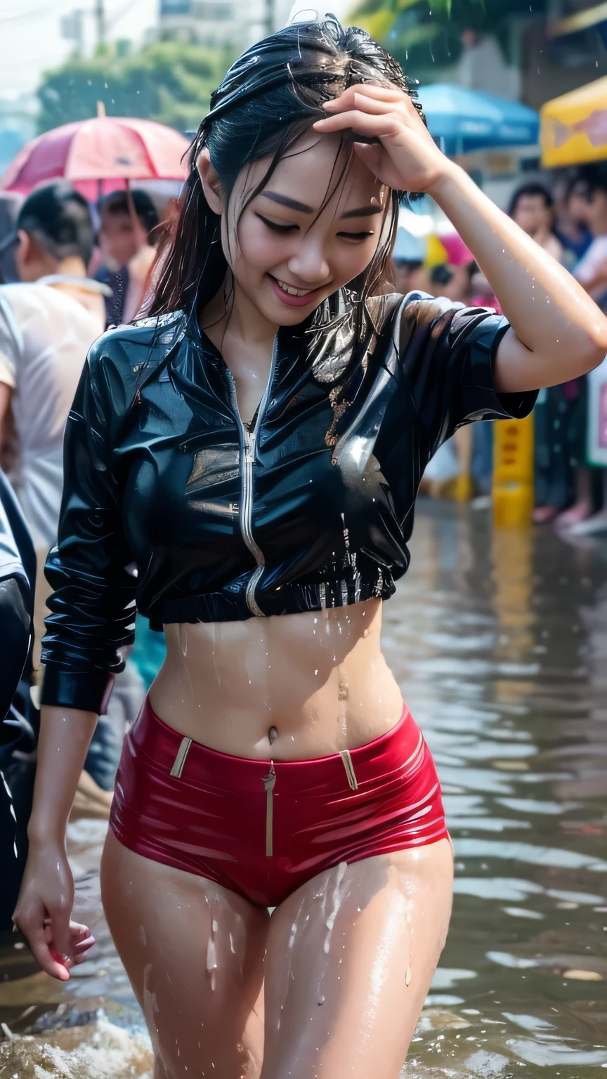 pretty cute asian girl topless and naked, wearing cap, boots, sweaty, running by the roadside, cars on road, night time dark sky metropolitan, raining, sweaty skin, shiny skin, wet messy hair ((metal chain)), water splashes