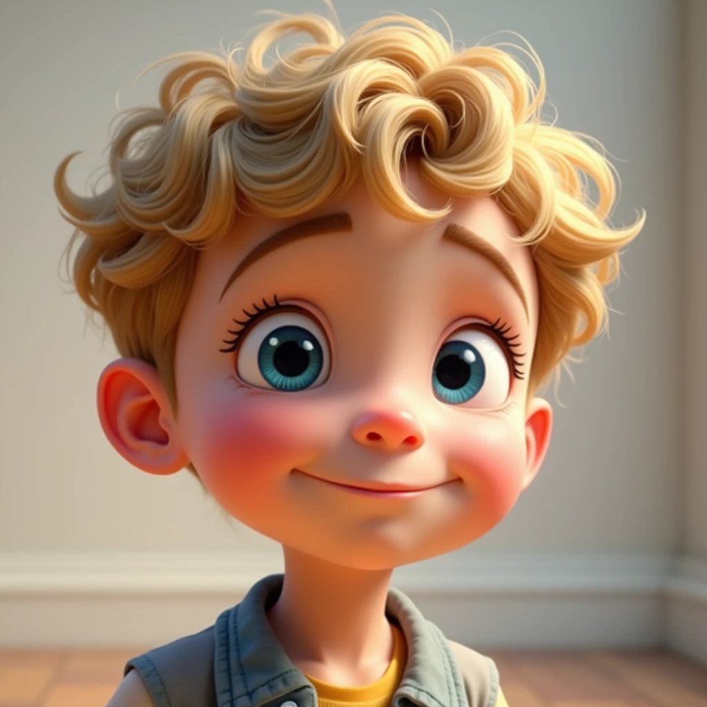 Generate a Disney-Pixar style portrait of a young boy with blue eyes, blonde curly hair, round face, small nose, thin lips, medium ears, no wrinkles, fair skin, and a curious expression.
