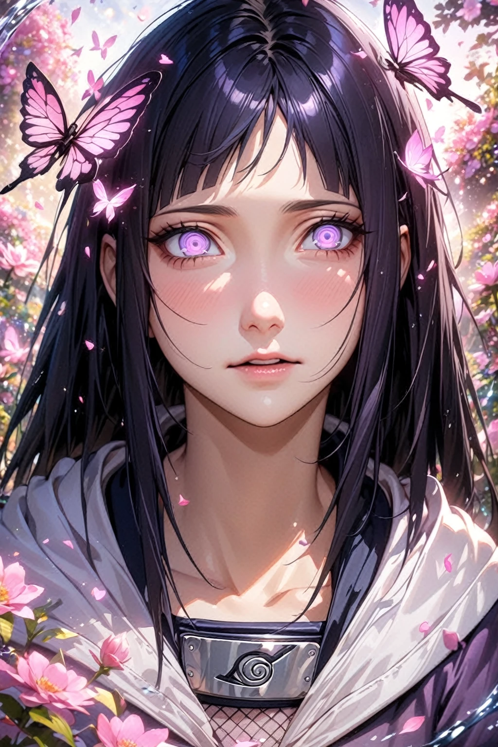 absurdres, highres, ultra detailed, HDR, master piece, best quality, extremely detailed, detailed eyes, detailed face, Hinata Hyuga, black blur hair, square bangs, expressive light-purple eyes, Naruto Shippuden, solo, woman, beautiful, hooded purple jacket with white sleeves, magical, fantasy, garden, pink butterflies, pink flowers, pink petals, water, magic, powers