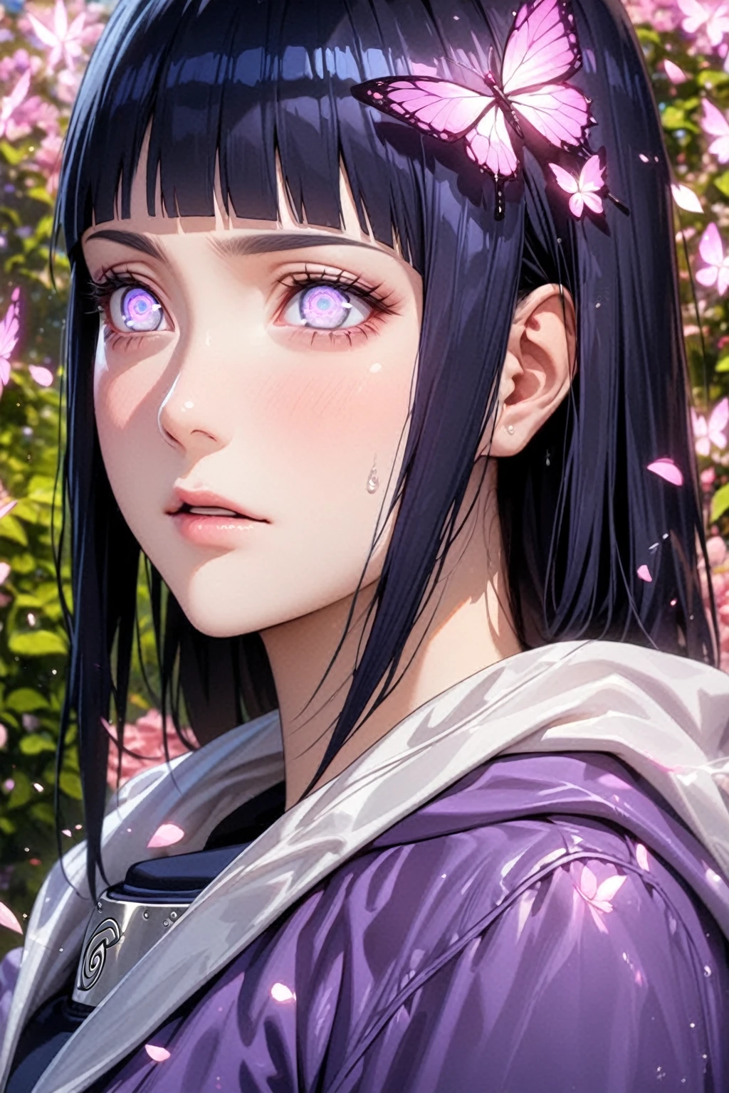 absurdres, highres, ultra detailed, HDR, master piece, best quality, extremely detailed, detailed eyes, detailed face, Hinata Hyuga, black blur hair, square bangs, expressive white light-lavender eyes, Naruto Shippuden, solo, woman, beautiful, hooded purple jacket with white sleeves, magical, fantasy, garden, pink butterflies, pink flowers, pink petals, water, magic, powers