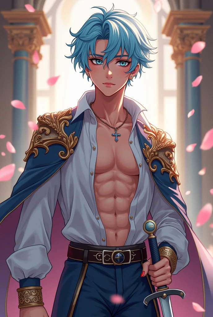 absurdres, highres, ultra detailed, HDR, master piece, best quality, Edmond, light-blue hair, expressive blue eyes, Nu Carnival, solo, sexy man, handsome, horny, lewd, black priest robes, accessories, showing the chest, cross necklace, priest, white gloves, fantasy, magical, white roses, white petals, blue sky, church