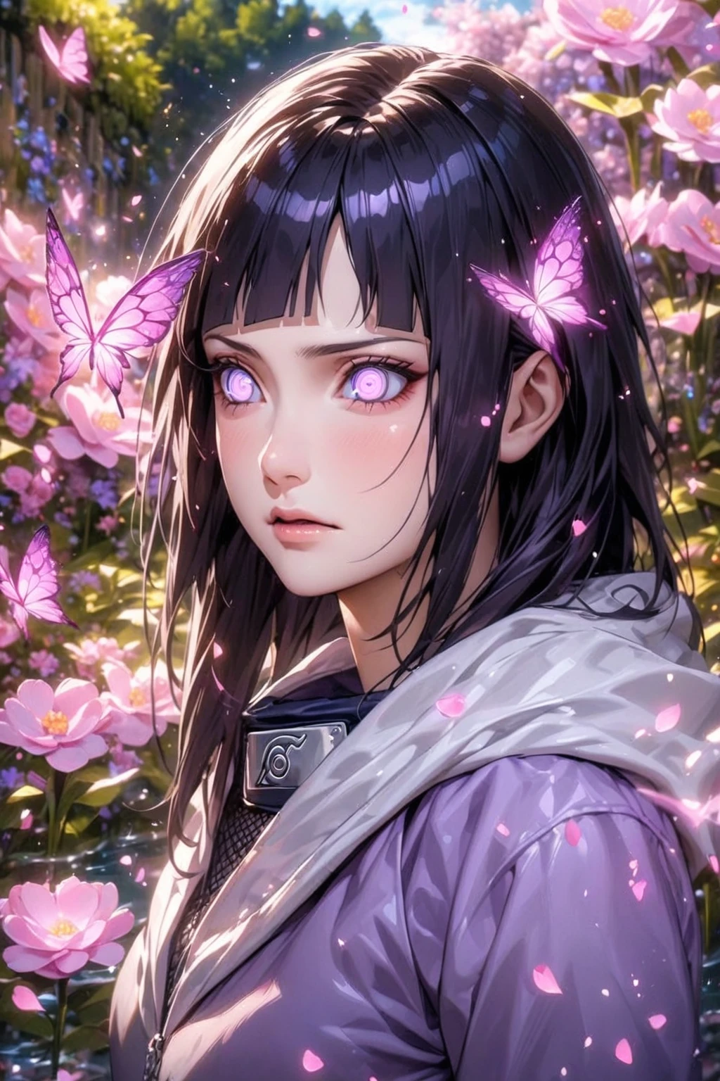 absurdres, highres, ultra detailed, HDR, master piece, best quality, extremely detailed, detailed eyes, detailed face, Hinata Hyuga, black blur hair, square bangs, expressive white light-lavender eyes, Naruto Shippuden, solo, woman, beautiful, hooded purple jacket with white sleeves, magical, fantasy, garden, pink butterflies, pink flowers, pink petals, water, magic, powers