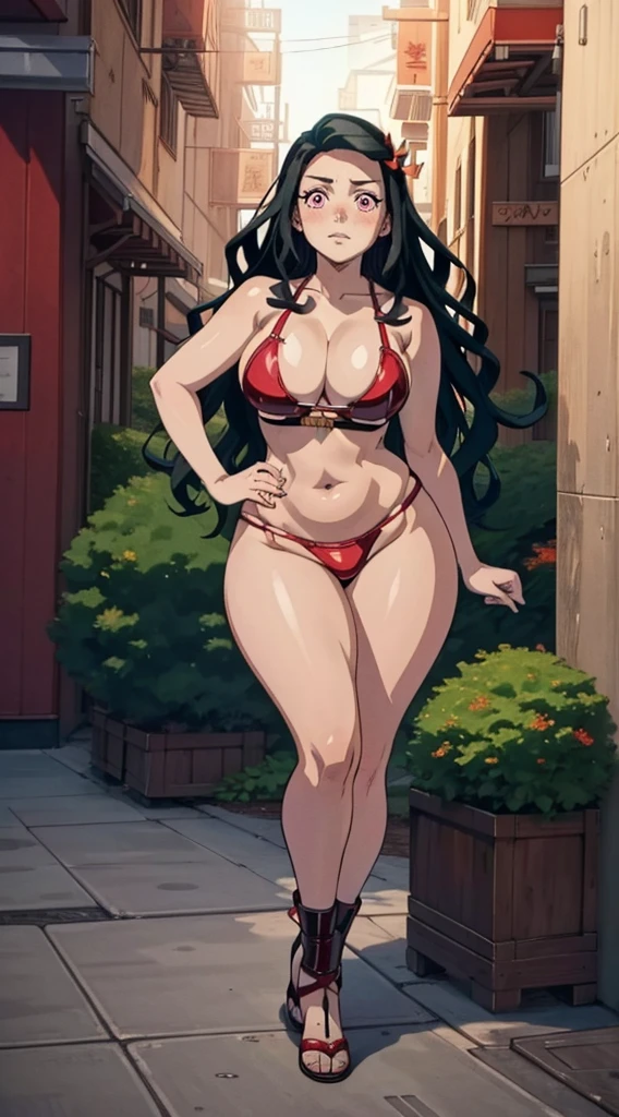 (best quality:1.3), (4K quality), Nezuko Kamado by demon slayer, ((detailed face)), ((curvy body)), (big ), Sensual, ((latex bikini cleavage)), ((city))