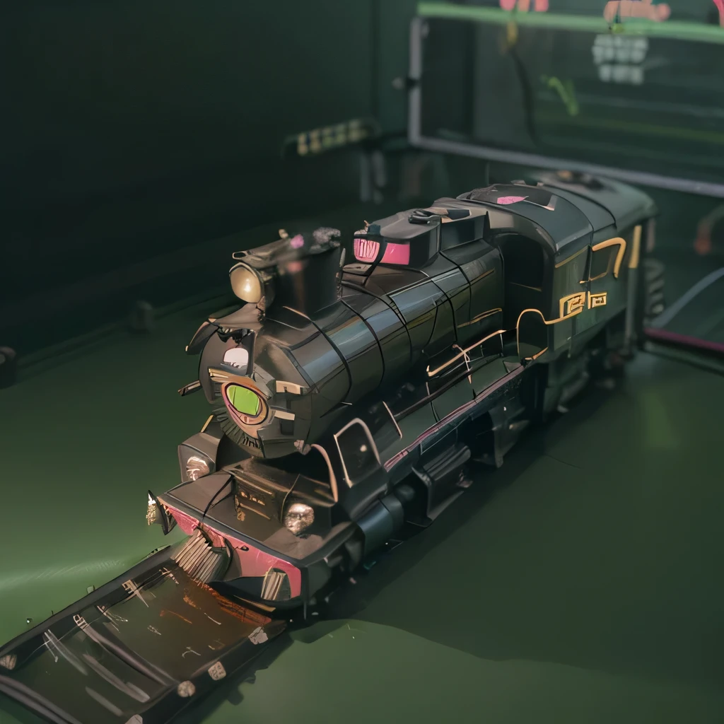 best quality, ultra-detailed, realistic, (locomotive plastic model:1.4), (lighting, steam1.6), (neon light:1.5), grass