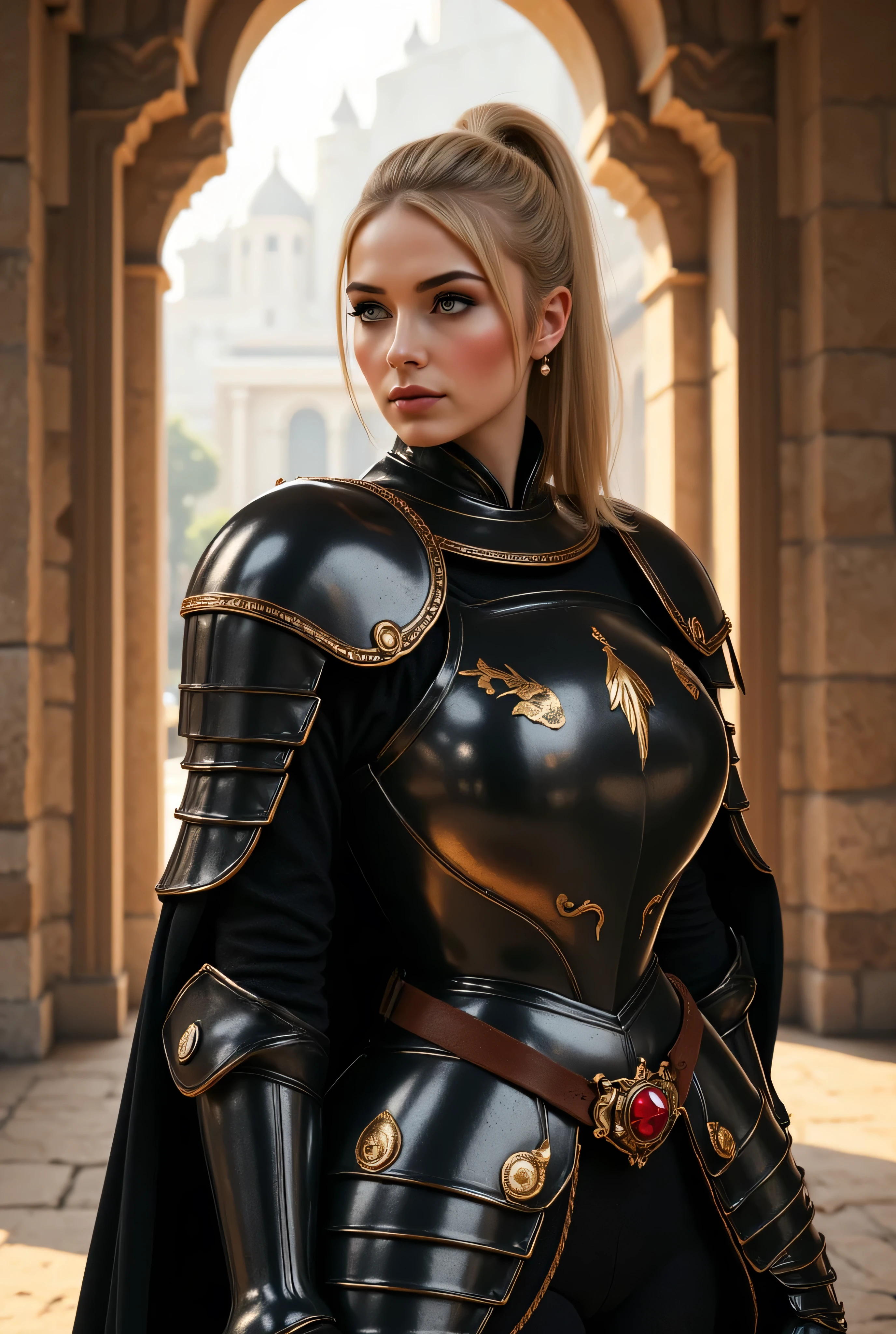 very long bright blonde hair top ponytail updo, suntanned skin, modest Russian female supermodel, Medieval dented and damaged black chrome fullplate heavy Armor, she's wearing some dust from recent battle, gold rivets, engraved etching, bright blue eyes, black gold chinoiserie cape, ruby encrusted belt buckle, turned slightly to the side view, sunrise, reflections, background medieval stone throne room, bokeh
