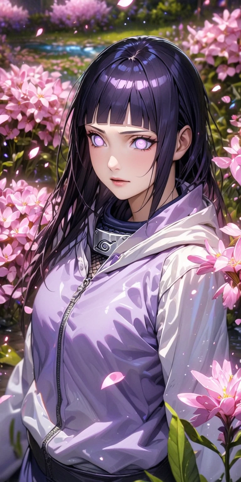 absurdres, highres, ultra detailed, HDR, master piece, best quality, extremely detailed, detailed eyes, detailed face, Hinata Hyuga, black blur hair, square bangs, expressive white light-lavender eyes, Naruto Shippuden, solo, woman, beautiful, hooded purple jacket with white sleeves, magical, fantasy, garden, pink butterflies, pink flowers, pink petals, water, magic, powers